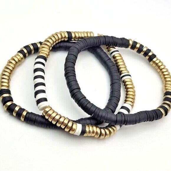 Three Piece Set of Clay Bead Stackable Stretch Bracelets Black White Gold - Picture 2 of 5